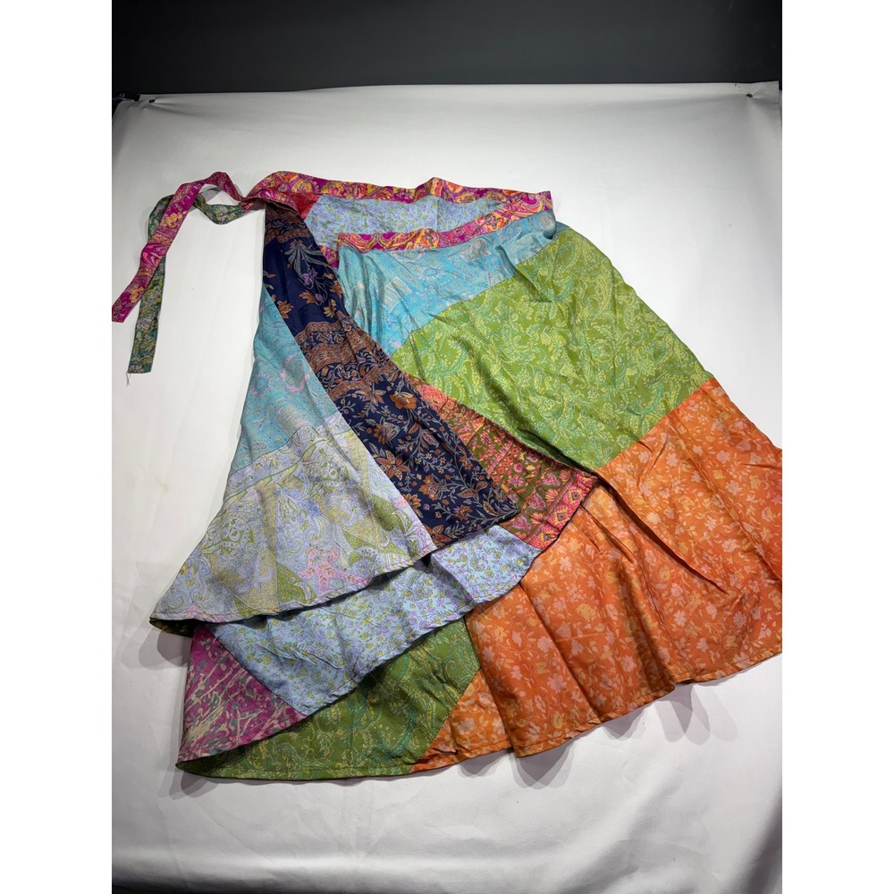 Boho Reversible Patchwork Sari Wrap Skirt Paisley Floral Silk Like One Size